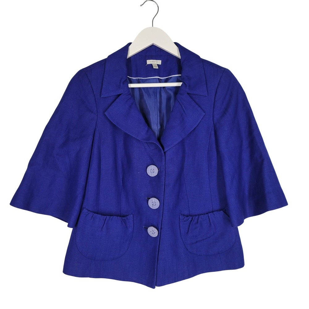 Semantiks Blazer Women 8 Blue Linen Blend Wide Sleeve Jacket Crop Feminine